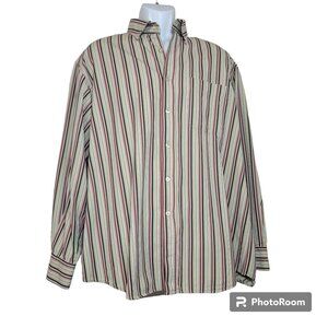 T. Harris of London Button Front Shirt, Men XL, Tan w/Multi-Color Stripes, EUC